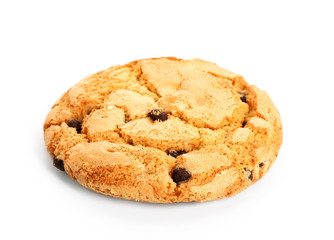 Tasty cookie with chocolate chips on white background