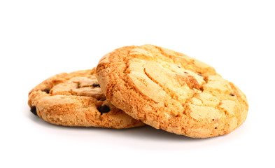 Tasty cookies with chocolate chips on white background