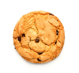 Tasty cookie with chocolate chips on white background