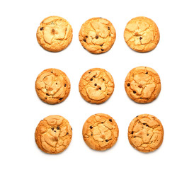 Tasty cookies with chocolate chips on white background