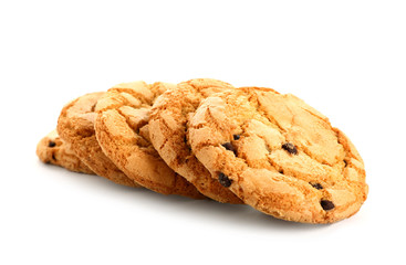 Tasty cookies with chocolate chips on white background