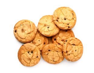 Tasty cookies with chocolate chips on white background