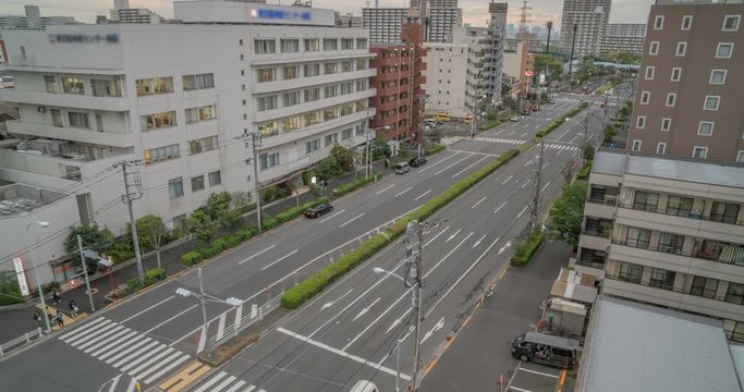 top view, Road traffic at  junctions day to night in Japan