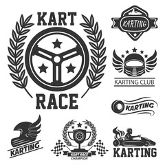 Karting club graphic logo set with kart race elements - obrazy, fototapety, plakaty