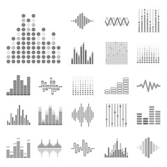 Sound waves and audio digital equalizer icons collection in grey