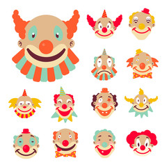 Clown faces with colourful wigs and accessories icons