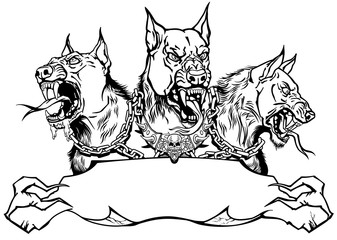 Cerberus hell hound. Mythological three headed dog the guard of entrance to hell. Hound of Hades. Logo, banner, emblem with ribbon scroll. Shirt design template. Black and white graphic style vector 