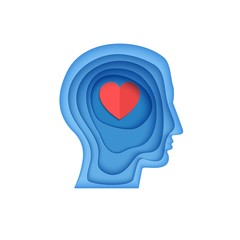 Man brain head with love hearts in paper cut style. St Valentine day modern vector card concept. Silhouette of papercut layered men with think of love in brain. Boy's head cardboard application