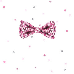Stylish pink sequin bow. Sparkling design of your invitations, print t-shirt, poster for the nursery, watercolor logo.