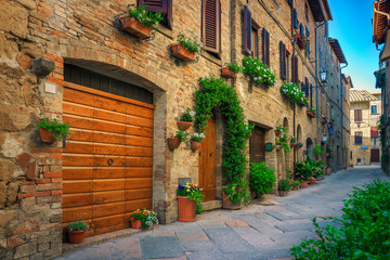 Fototapeta na wymiar Cute narrow street decorated with flowers in Pienza, Tuscany, Italy