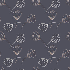 Seamless pattern. Contours of simple flowers with stem. Vector Hand drawing