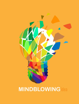 Mindblowing brilliant idea poster illustrated by an exploding colorful light bulb