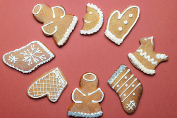 Christmas candy. Christmas frame with gingerbread cookies. Merry Christmas greeting card, banner. Winter holiday xmas theme. Happy New Year. Space for text