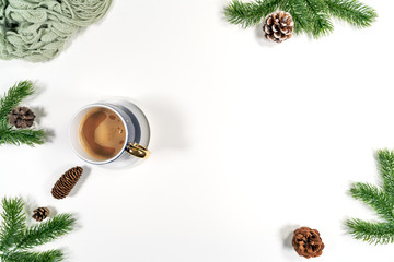 Christmas winter composition. Christmas pine cones, fir branches on white background. Flat lay, top view, copy space