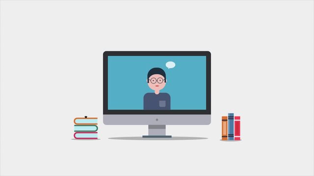Online education, video tutorial, training course, e-learning, webinar concept. 2d animation, video clip.