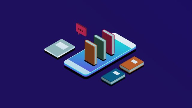 Ebook mobile app, online reading, digital library isometric animation concept. Video clip for web, blog, presentation.
