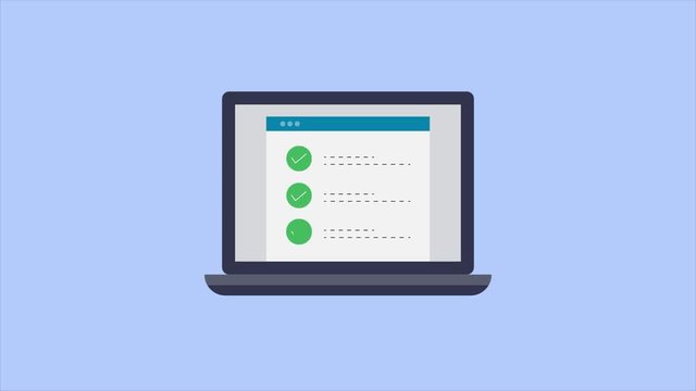 Online survey on laptop, customer experience, business feedback concept. 2d animation, video clip for presentation.