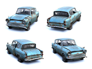 Set of 3d-renders of old rusty classical car