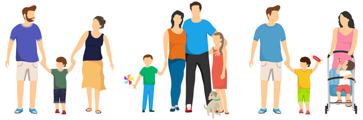 Happy family, group of people a happy family. Mom, dad, son and daughter. Big family. Vector, cartoon illustration