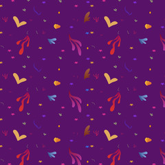 Cute floral pattern vector illustration with purple and red flowers, hearts and purple background. 
