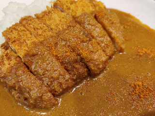 Close up of Katsu Curry Don, Japanese katsu curry served with chicken katsu or tonkatsu over rice.