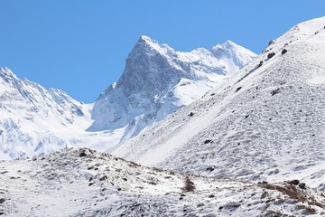 High peaks of snowy mountains in Cajón del Maipo, in the central Andes of Chile.