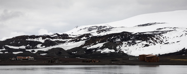 Pamoramic view of old abandoned whaler's station and hut, whaler's bay, deception island, antarctica