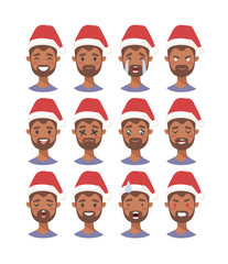 Drawing emotional african american character with Christmas hat. Cartoon style emotion icon. Flat illustration boy avatar with different facial expressions. Hand drawn vector emoticon man faces