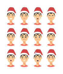 Set of drawing emotional asian character with Christmas hat. Cartoon style emotion icon. Flat illustration boy avatar with different facial expressions. Hand drawn vector emoticon man faces
