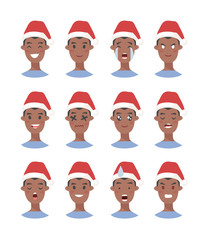 Drawing emotional african american character with Christmas hat. Cartoon style emotion icon. Flat illustration boy avatar with different facial expressions. Hand drawn vector emoticon man faces