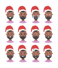 Drawing emotional african american character with Christmas hat. Cartoon style emotion icon. Flat illustration boy avatar with different facial expressions. Hand drawn vector emoticon man faces