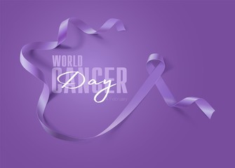 World Cancer Day. Calligraphy Poster Design. Realistic Lavender Ribbon. February 4 th is Cancer Awareness Day. Vector