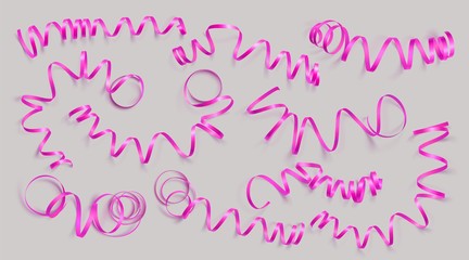 Set of realistic pink ribbons on grey background. Vector illustration. Can be used for greeting card, holidays, banners, gifts and etc.