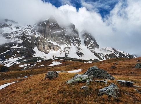 Chaukhi Mountain in clouds. Caucasus, Georgia