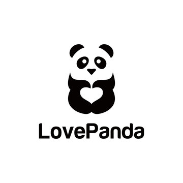 Love panda logo. cute Panda Logo design vector template. animal, asia, bamboo, heart, character, china, bear, black, pet, safari