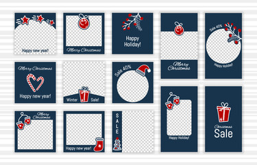 Christmas and New Year post and stories template set for social media. Editable vector mobile wallpaper layout for promotion