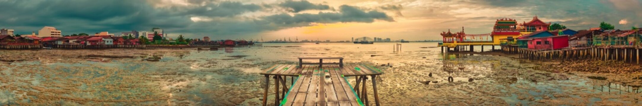 Sunrise at Penang. Yeoh jetty on the foreground , Malaysia. Panorama