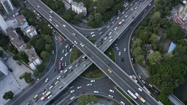 Static aerial view of heavy traffic at highway intersection, Guangzhou, China