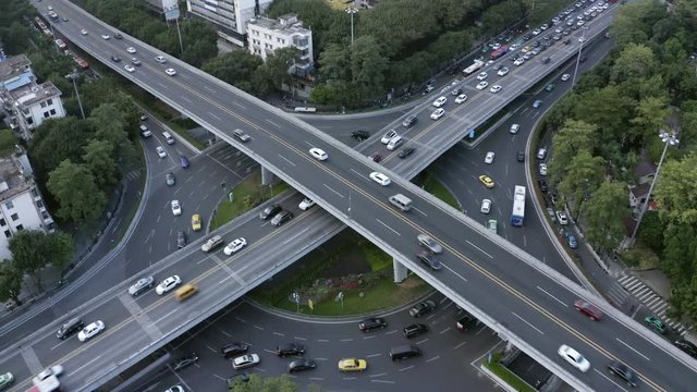 Aerial view of heavy traffic on highway intersection, Guangzhou, China
