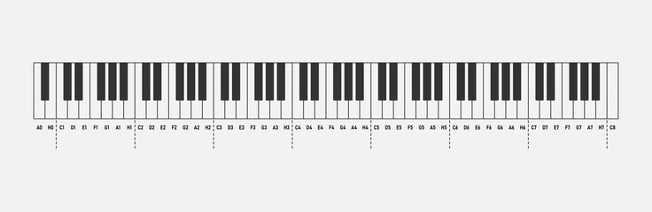 Music notes piano keyboard 88 keys isolated on white background. Solfeggio.  © UA Creative