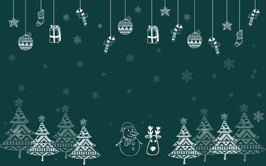 Illustration of Winter and Christmas tree. Christmas balls and other Christmas decorations with a dark blue background. Merry Chrismast and Happy New Year greeting