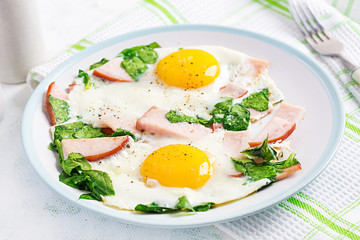 Fried eggs  with ham and spinach. Delicious English Breakfast. Brunch. Keto/paleo diet.
