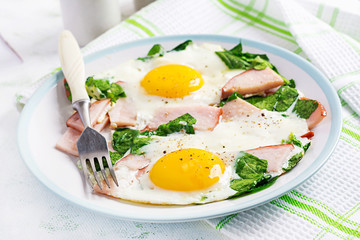 Fried eggs  with ham and spinach. Delicious English Breakfast. Brunch. Keto/paleo diet.