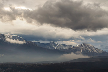 Fototapeta na wymiar Winter Crimean Mountains in the clouds