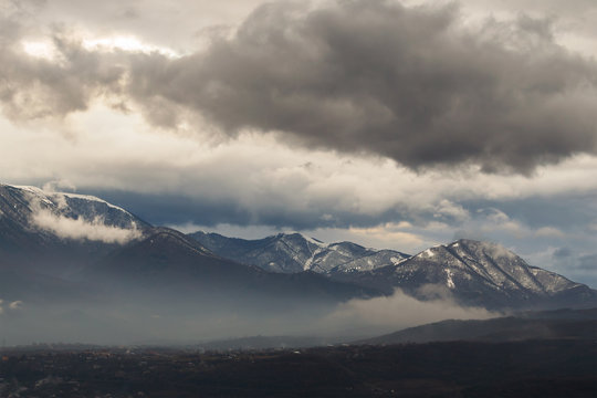 Winter Crimean Mountains in the clouds