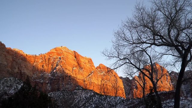 Cliffs in Zion lit up by the sun panning through trees in the evening with snow.