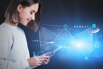 Smiling young woman with tablet, GUI