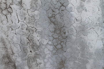 Spotted plastered wall. Rough texture with cracks. Monochrome gray background. Stock Photo with place for your text.