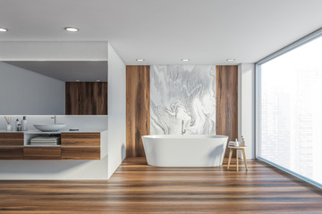 White marble and wooden bathroom interior