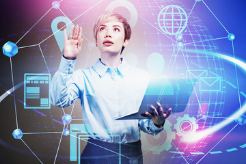 Asian woman with laptop using network interface